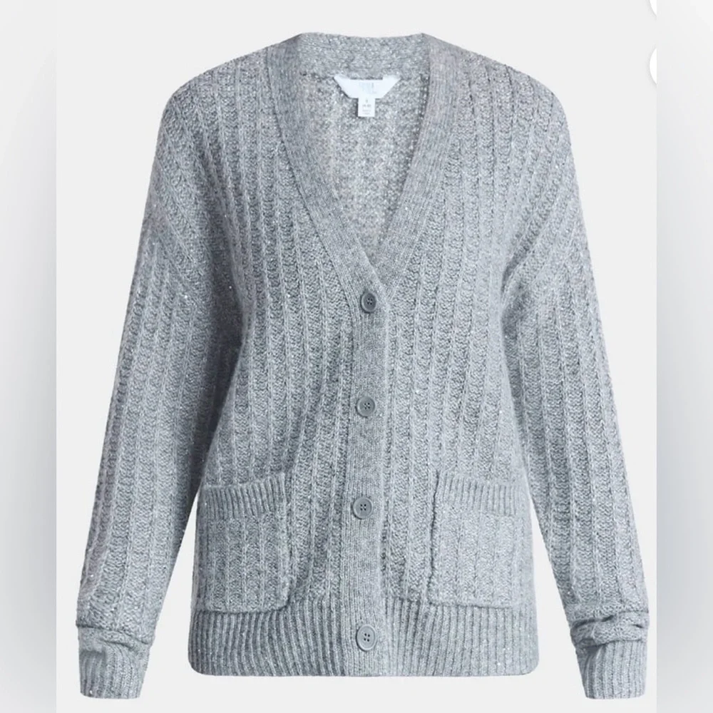 Time and Tru Sequin Cardigan Sweater Gray Ribbed Knit XS Holiday Shimmer Sparkle - Picture 10 of 10